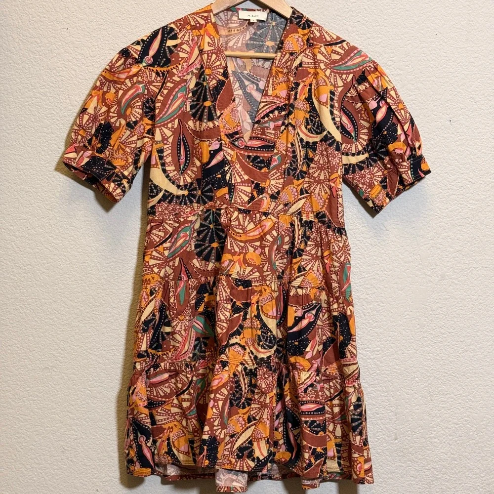A.L.C. Maya Cotton Mini Dress Womens 8 Brown Abstract Floral Puff Sleeve Belted